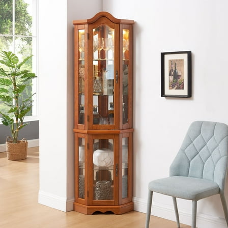 CQSXDA Lighted Oak Corner Curio Cabinet Featuring Tempered Glass Doors And Shelves Ideal For Home Display Storage