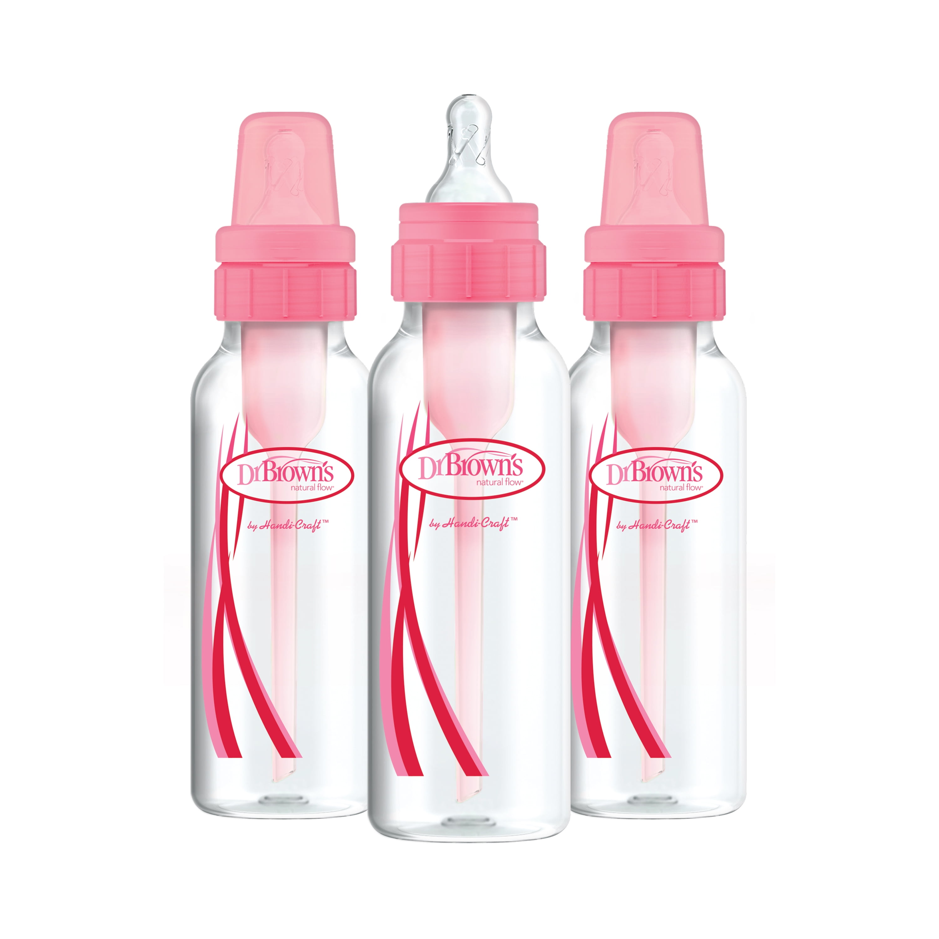 Brown's Natural Flow Options 8 oz Baby Bottles 3 Bottles Pink Dr 