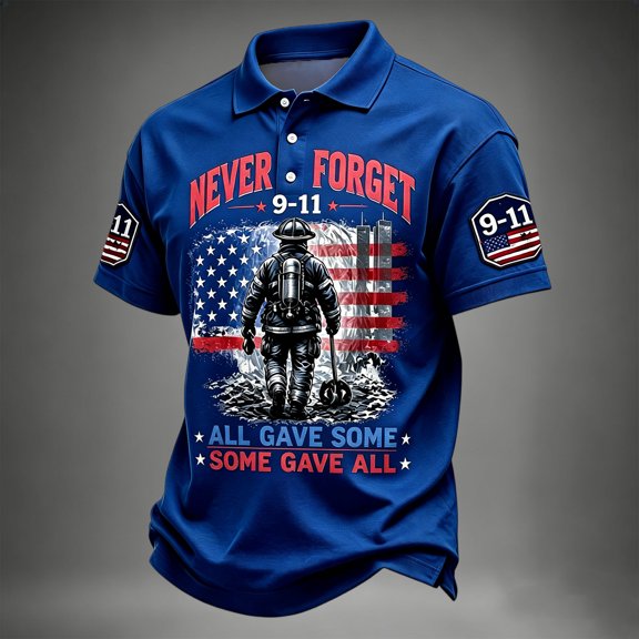 9/11 25th Anniversary Shirt Golf Polos for Men We Will Never Forget 911 Memorial Patriotic Vintage Mens T-Shirts Blue XL