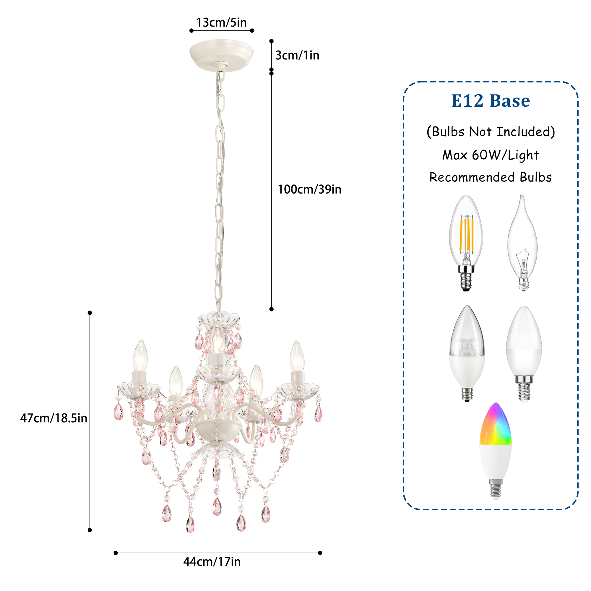 Small Crystal Chandelier 5-Light Pink and White Acrylic Chandelier Ceiling Light for Girls Bedroom Nursery Dining Room, E12 Base