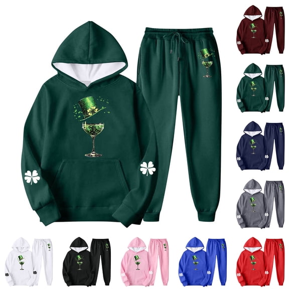 Gytharion St Patricks Day Sweatsuit Sets for Women Long Sleeve Shamrock Graphic Print Hoodies and Jogger Sweatpants Loose Comfy 2 Piece Track Suits with Pockets