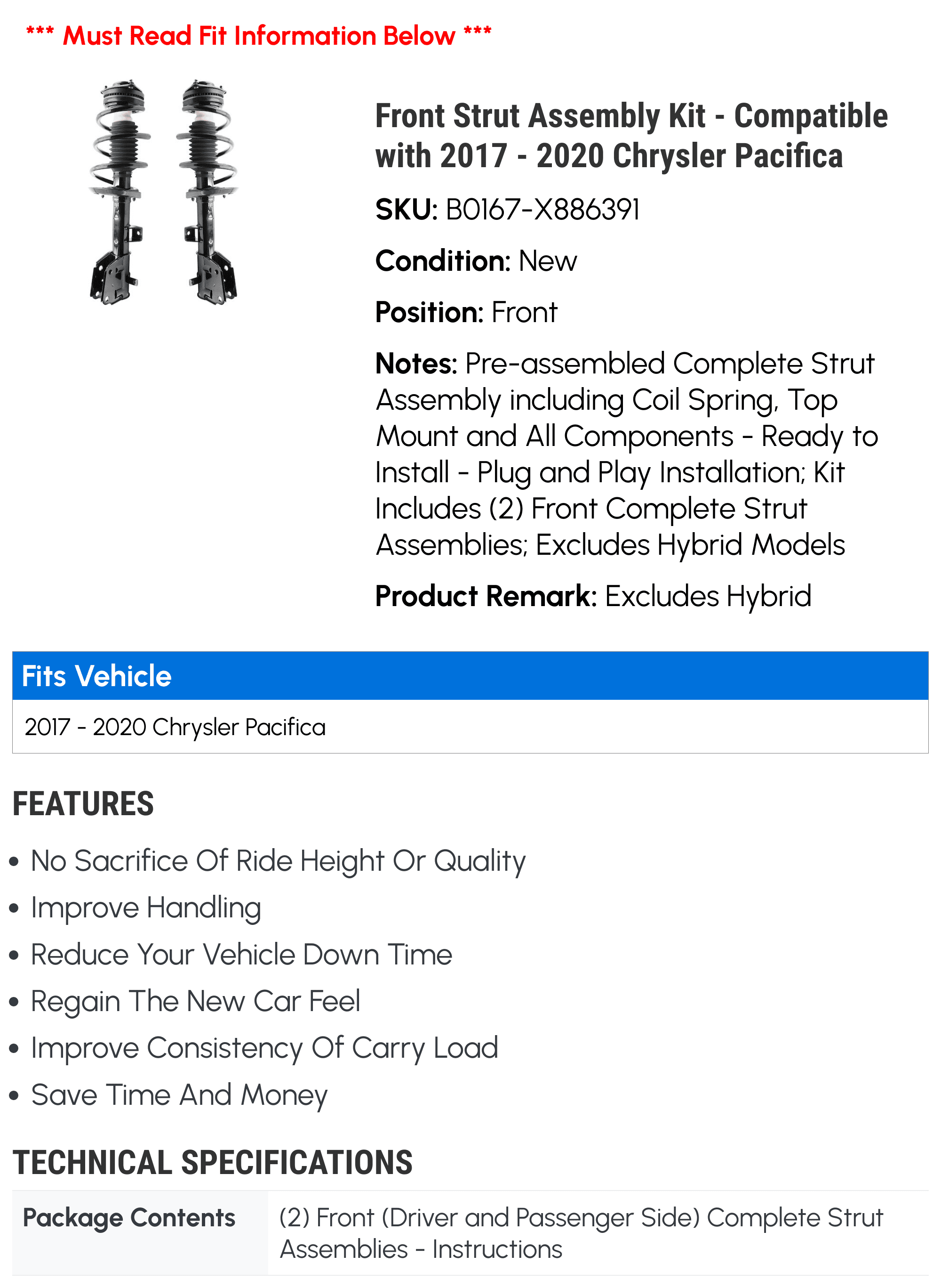 Front Strut Assembly Kit - Compatible with 2017 - 2020 Chrysler Pacifica 2018 2019