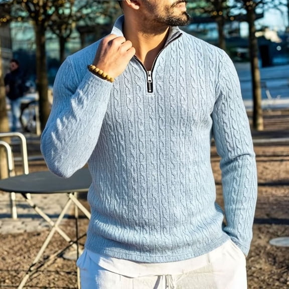 Gamivast Men's Quarter Zip Pullover Sweater Slim Fit Cable Knit Long Sleeve Warm Knitwear Mock Neck Thermal Tops Soft Business Casual Winter Daily Wear