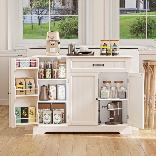 Aiho 42” Coffee Bar Cabinet with Storage, Kitchen Storage Cabinet, Sideboard Buffet Cabinet with 8 Shelves, 1 Drawer - White