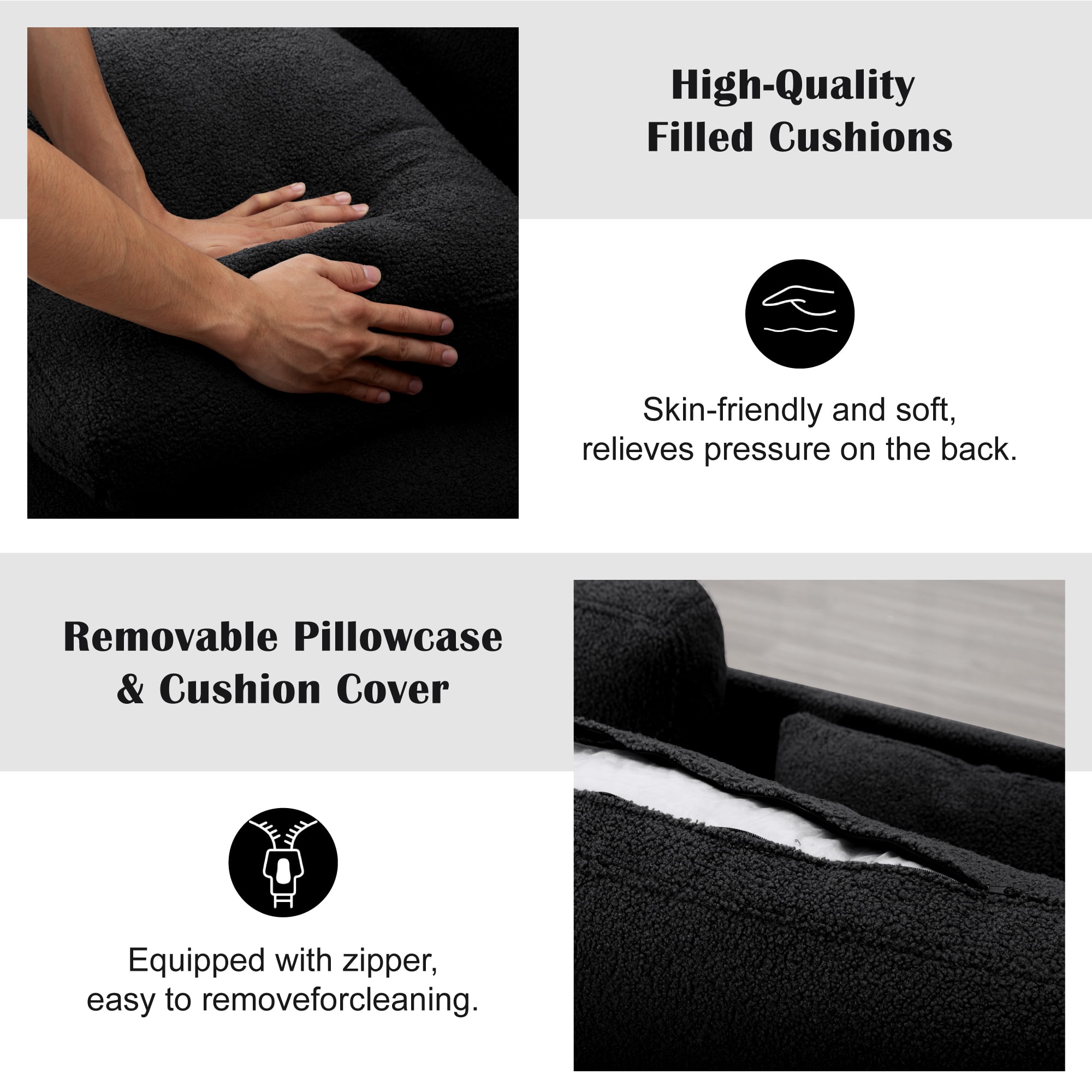 Gewnee 86.5''Modern Teddy Velvet Sofa with 2 Pillows,Extra-Wide Deep Sofa Couch,Suitable for Living Room,Bedroom,Office,Apartment (Black)