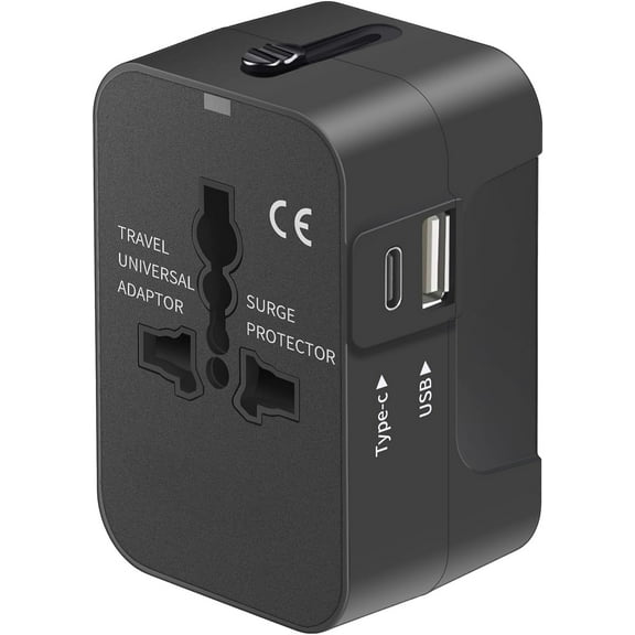 Travel Adapter, Worldwide All in One Universal Travel Adaptor AC Power Plug Adapter Wall Charger with USB-C and USB-A Charging Ports for USA EU UK AUS Black