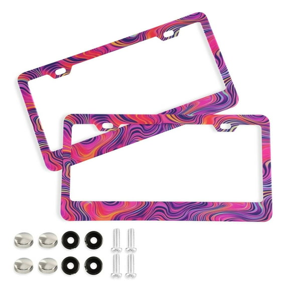 2 Pack Aluminum Alloy License Plate Frame Universal Car License Plate Cover with 2 Holes with Free Screws Neon Pink Wavy Lines