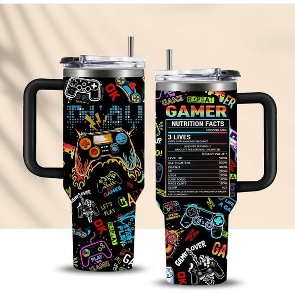 30oz Skinny Gamer Tumbler with Handle & Straw, Insulated Cup Fits Car Holder, Leak-Proof Gaming Water Bottle | Smarter Choice Than 32oz, Gift for Gamer Boyfriend, Teen Boys, Men