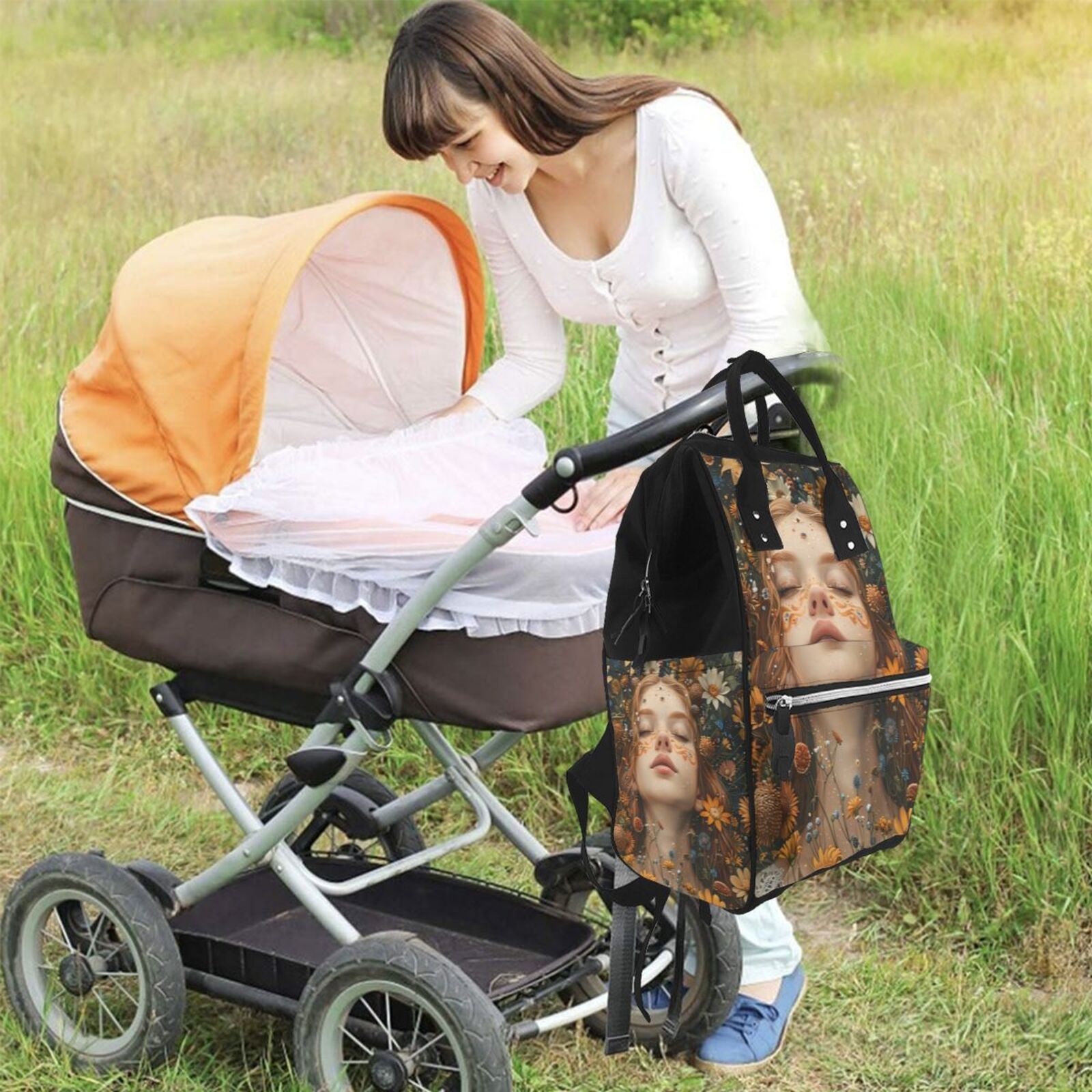 Fuzoiu Whimsical Flower Crown Maiden Print Diaper Bag Backpack,Baby Essentials Travel Tote,Multi function Waterproof Diaper Bag, Travel Essentials Baby Bag - Unisex