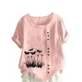 thumbnail image 3 of QATAINLAV Hauts en Coton et Lin pour Femmes 2025 Col Ras du Cou Manches Courtes Retroussées T-Shirt Tendance à Imprimé Floral Blouse Décontractée Coupe Ample Tenues de Vacances Soldes de la Rentrée Rose m, 3 of 5