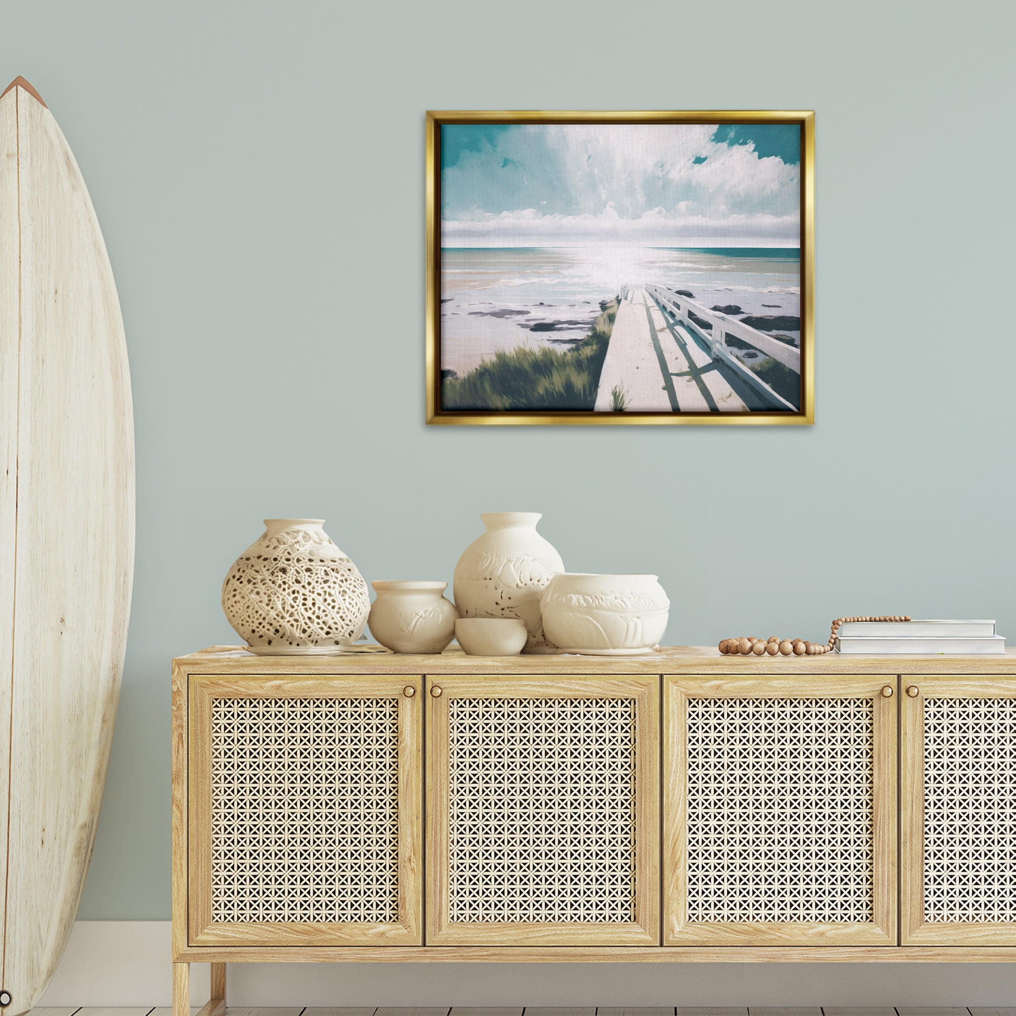 Stupell Industries White Bridge to Shore Nautical & Beach Painting Gold Floater Framed Canvas Art Print Wall Art, 31 x 25