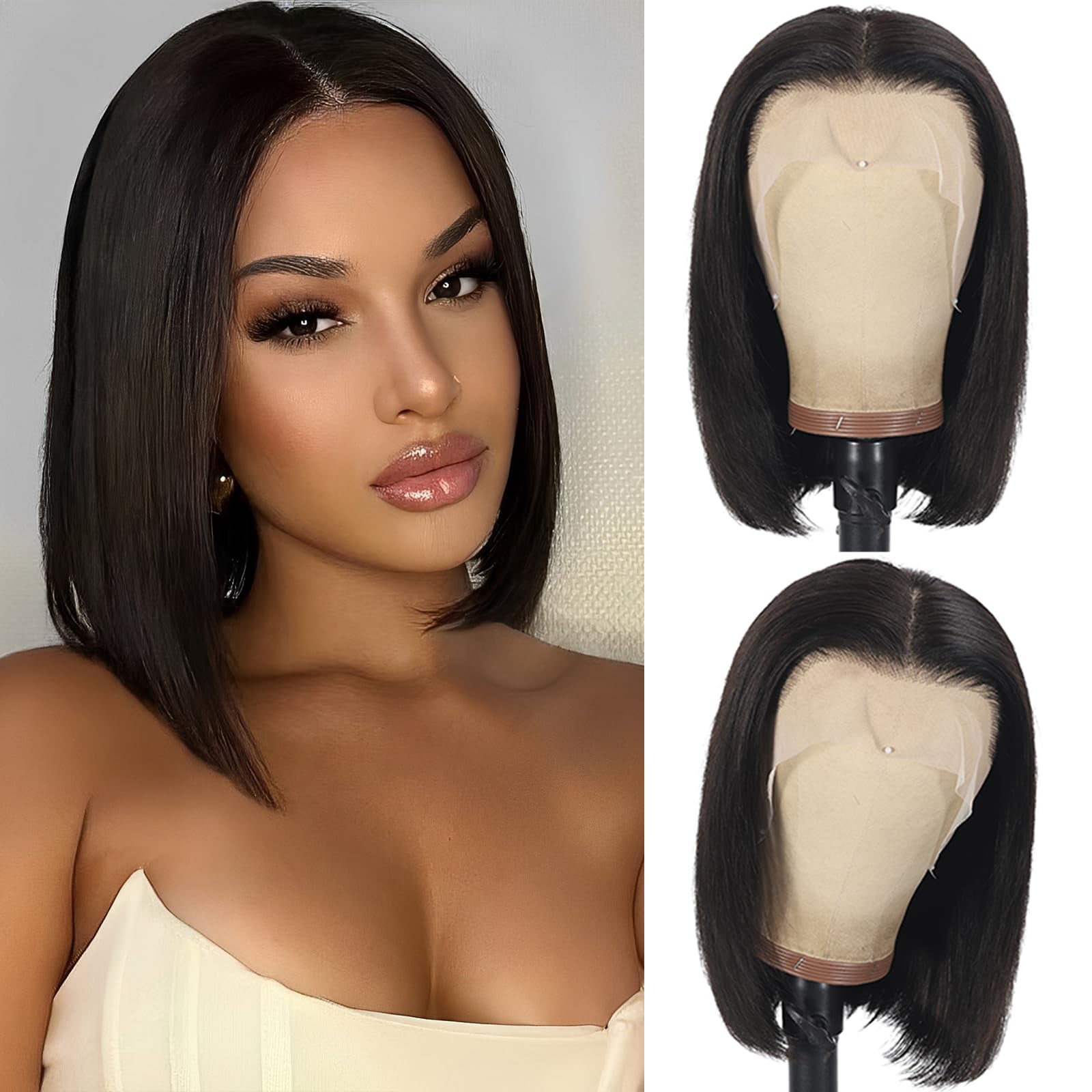 Bob Wig Human Hair Wig Short 13x4 Lace Front Wigs Human Hair Pre Plucked 10 Inch Bob Wig Short Wigs for Black Women Bob Wigs Human Hair 180% Density With Baby Hair Natural Black Straight Glueless