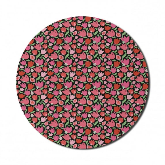 Floral Mouse Pad for Computers, Painted Illustration of Tulips Spring Blooming in Pinkish Warm Colors, Round Non-Slip Thick Rubber Modern Mousepad, 8" Round, Charcoal Grey Multicolor, by Ambesonne
