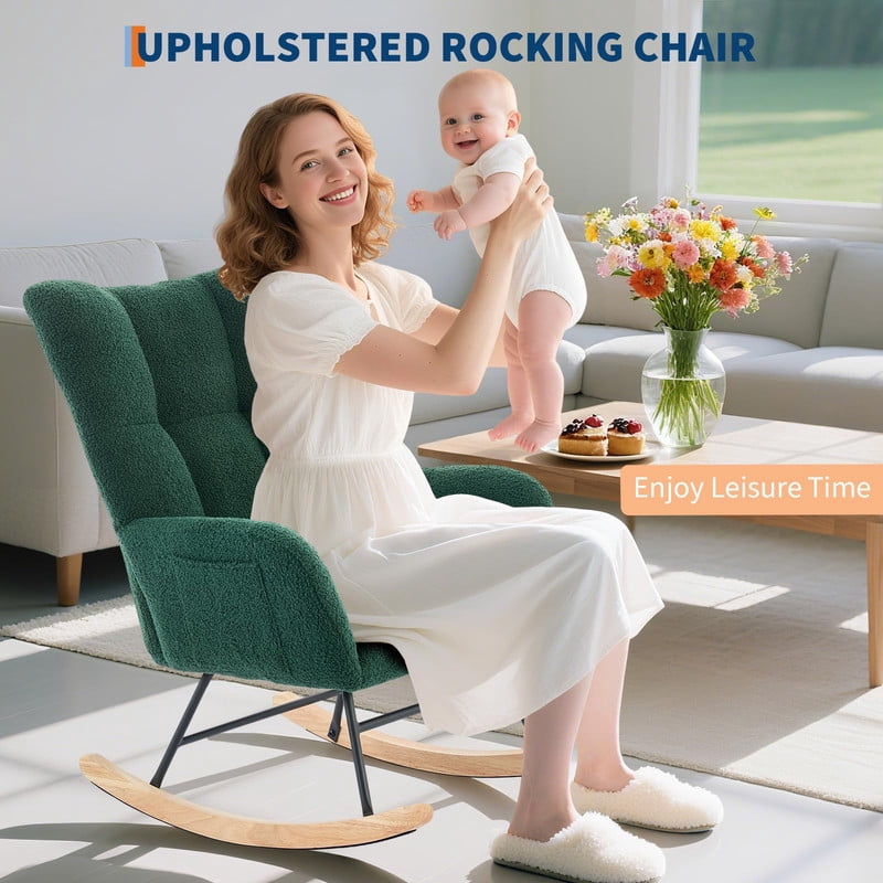 TROPOW Rocking Chair, Teddy Upholstered Glider Rocker, Nursery Glider Rocker with Wood Legs & Dual Side Pockets, Nursery Rocking Chair for Living Room, Bedroom