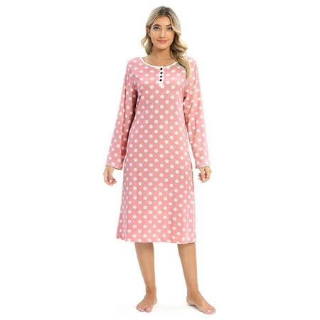 

Baywell Polka Dot Nightgowns for Women Soft Cotton Sleepwear O Neck House Dress Long Sleeve Comfy Night Dress for Ladies Pink US 10
