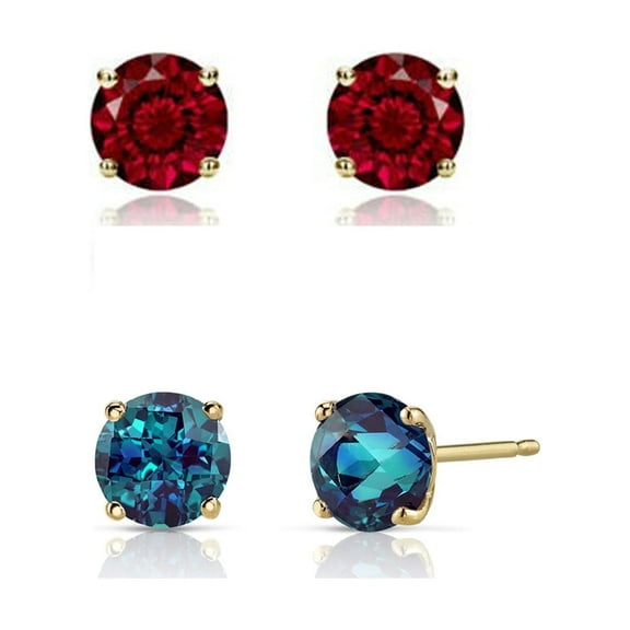 Paris Jewelry 18k Yellow Gold 3ct. Created Garnet and Alexandrite Round Stud Earrings, 2 Pair plated