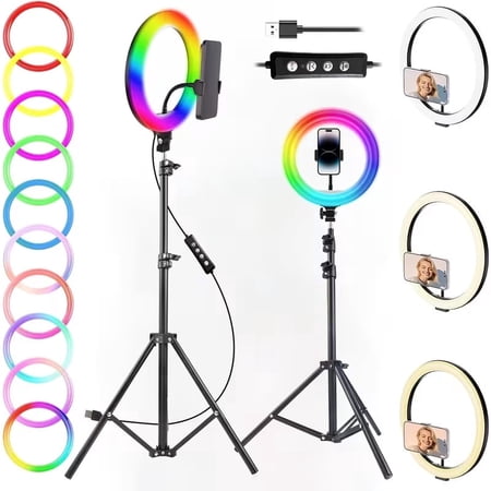 ZOMEI 10 RGB Selfie Ring Light With Adjustable Tripod Ext Rod & Phone Holder - for Makeup Live Photography RGB Modes