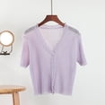 thumbnail image 2 of Timegard Women's Button down Cardigan Short Sleeve V Neck Ruffle Cute Comfy Crop Knit Sweater for Fall Casual,Purple,Free Size, 2 of 5