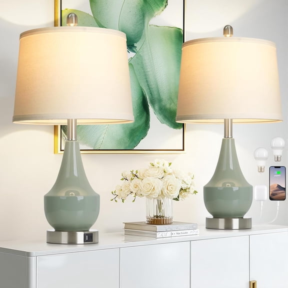 Set of 2 Modern Green Table Lamps, 24" Ceramic Lamp with USB Ports, Classic Beside Nightstand Lamp for Living Room, Bedroom & Office