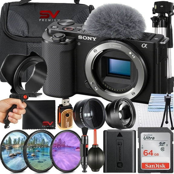 Sony ZV-E10 Mirrorless Camera (Black, Body Only)   64GB Memory Card   Case   Filter Kit   SV Premium Accessory Bundle (International Version)