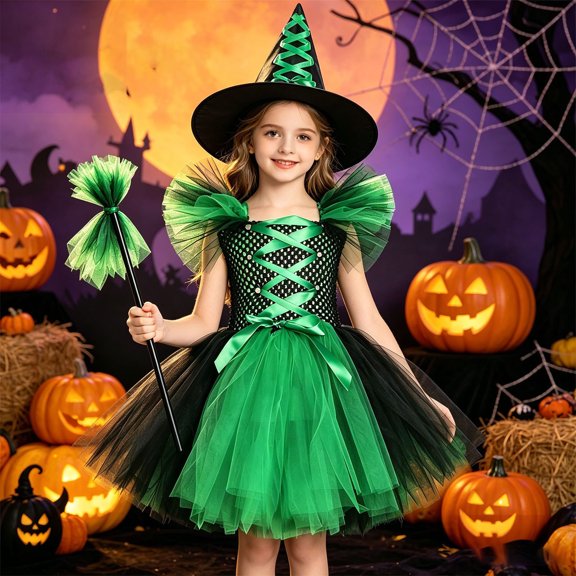 NordicNest Halloween Dress for Girls Playful Mesh Fly Sleeve Puffy Dress for Theme Party Holiday Clothes Green,2-3 Years