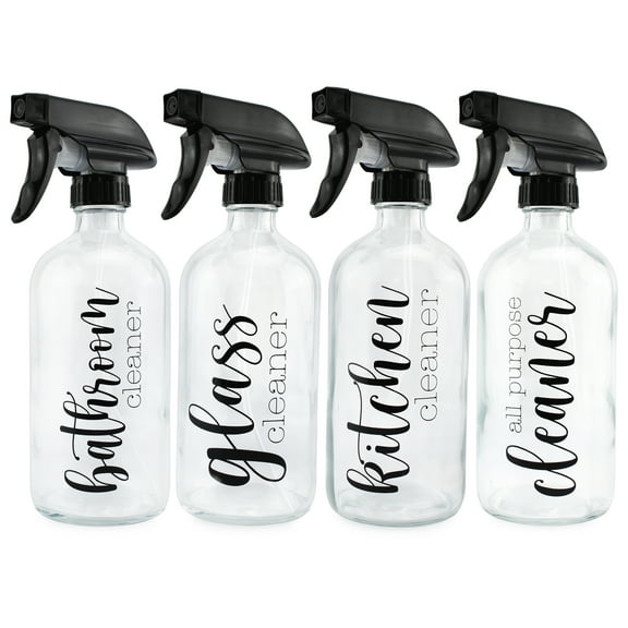 Cornucopia Brands Cleaning Spray Bottles Set, Glass (Set of 4, 16-Ounce); Refillable Trigger Sprayers w/ Mist/Stream Settings and Farmhouse Script