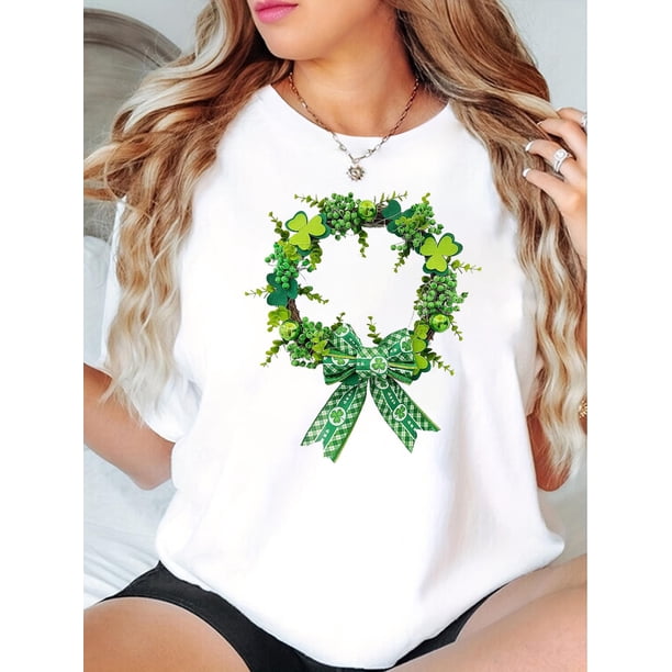 Women's St. Patrick's Day Black T-Shirt with Green Clover Wreath and Bow Print - Casual Short SleeveCamisetas de verano para mujer, manga corta, cuello redondo, casual, lindo, con gráficos, camisetas