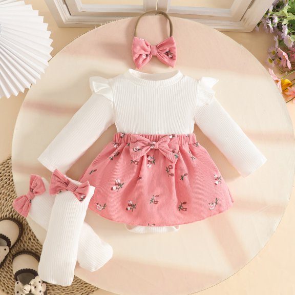 Rhuody Girls Outfits Long Sleeve O Neck Matching Set Cartoon Prints Romper Bodysuits Skirts Basic 12-18 Months Toddler Daily Wear Pink