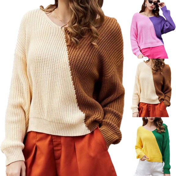 Lovskoo Sweaters for Women Trendy Casual Long Sleeve Loose V Neck Sweater Pullver Blouse Beige
