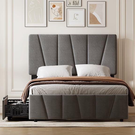 Garvee Twin Size Upholstered Bed Frame with Storage for Home Office, Mattress Foundation with 2 Drawers and Adjustable Headboard, Wooden Slats Supports Platform Bed Base, No Box Spring Needed, Beige