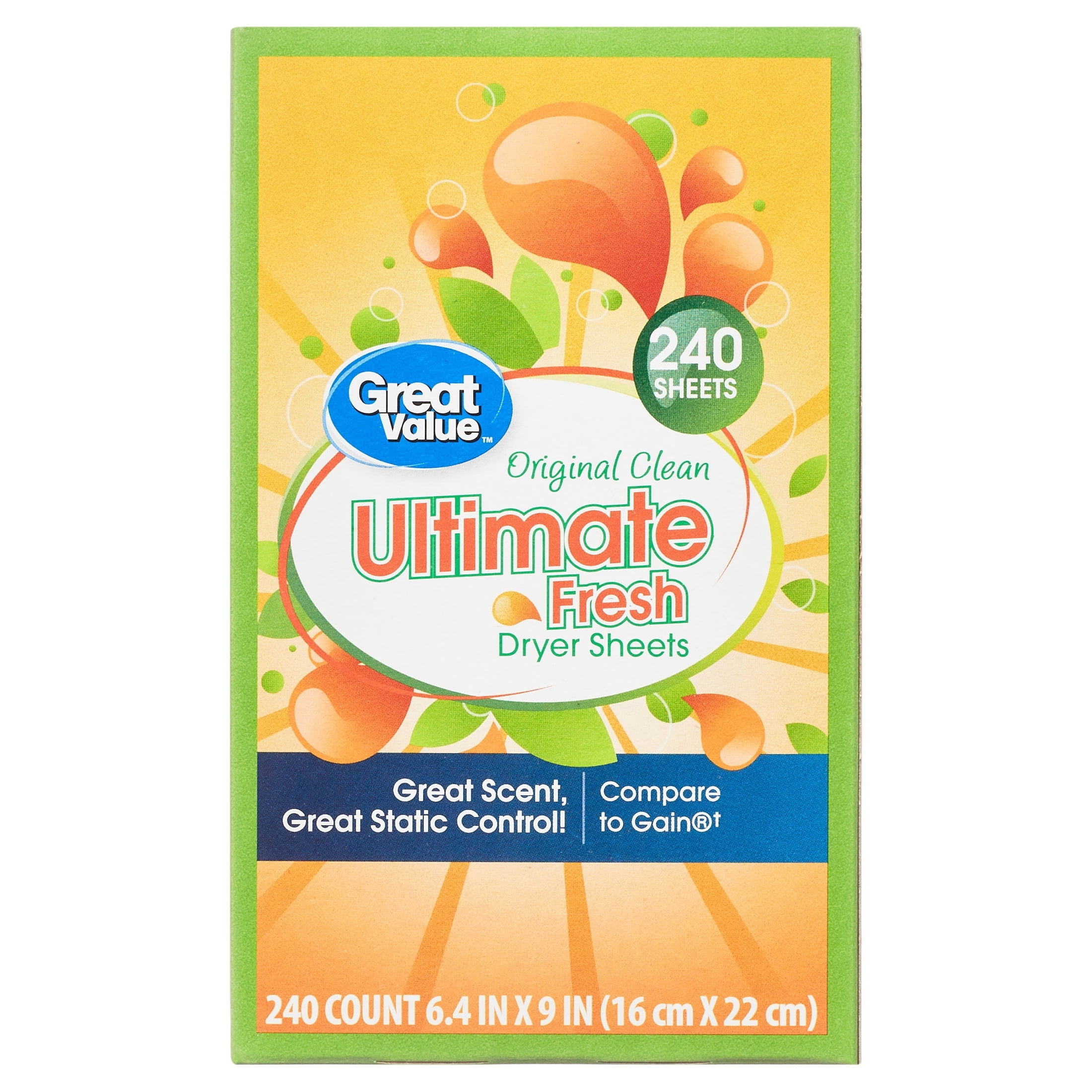 (6 pack) Great Value Ultimate Fresh Dryer Sheets, Original Clean, 240 Count, Compare to Gain®