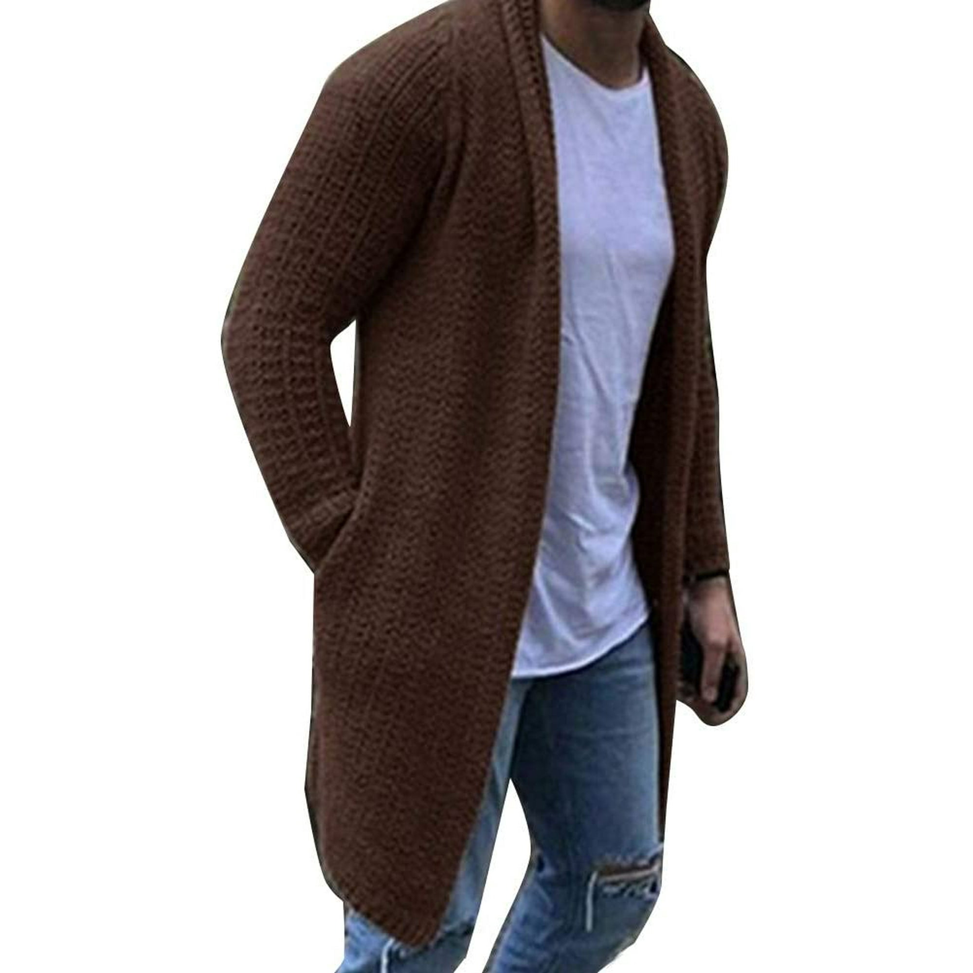 QUETO Fashion Men Cardigan Solid Color Open Front Knit Sweater Coat  All-Match Loose Pocket Long Cardigan Brown XXL | Walmart Canada