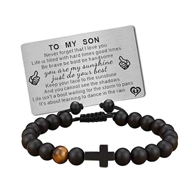 Pulsera de cuentas para hombre, pulsera de cuentas de piedra para novio, día del padre, cumpleaños A MI HIJO Tarjeta