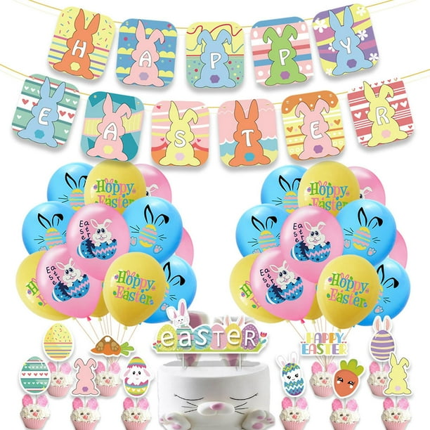 Set 1 Conjunto de decoraciones para el día de Pascua feliz, banderines de huevo de conejito para pancarta, globos, pastel, Topp
