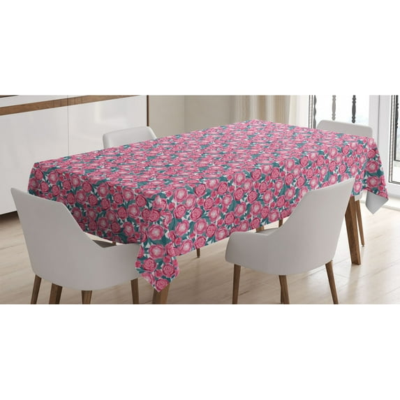 Floral Tablecloth, Abstract Pink Flower Blossoms Swirl Tendrils Peonies Print, Rectangle Satin Table Cover Accent for Dining Room and Kitchen, 60" X 84", Teal Pink Magenta, by Ambesonne