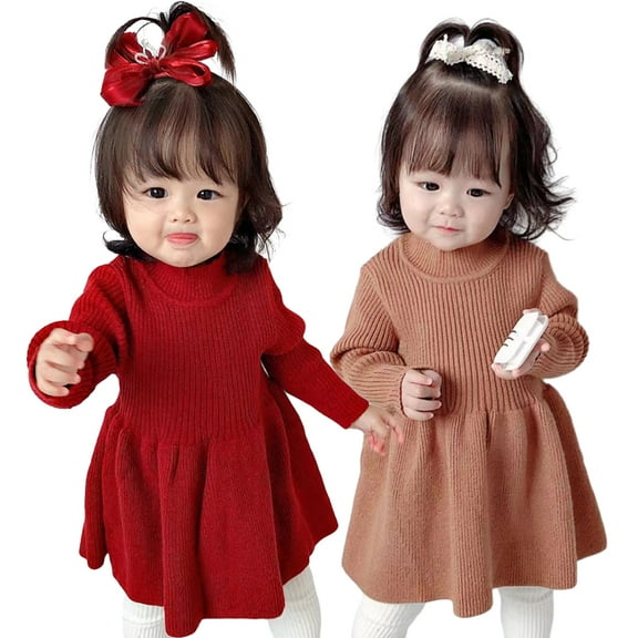 KYAIGUO Baby Girl Knit Sweater Dress Winter Fall Pleated Ruffle Dress Longsleeve Winter Knit Princess Dress Solid Casual Party Dress Outfit
