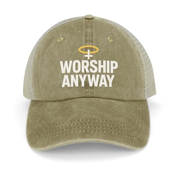 Worship Anyway Khaki Trucker Hat for Men Women, Adjustable Mesh Back Baseball Cap