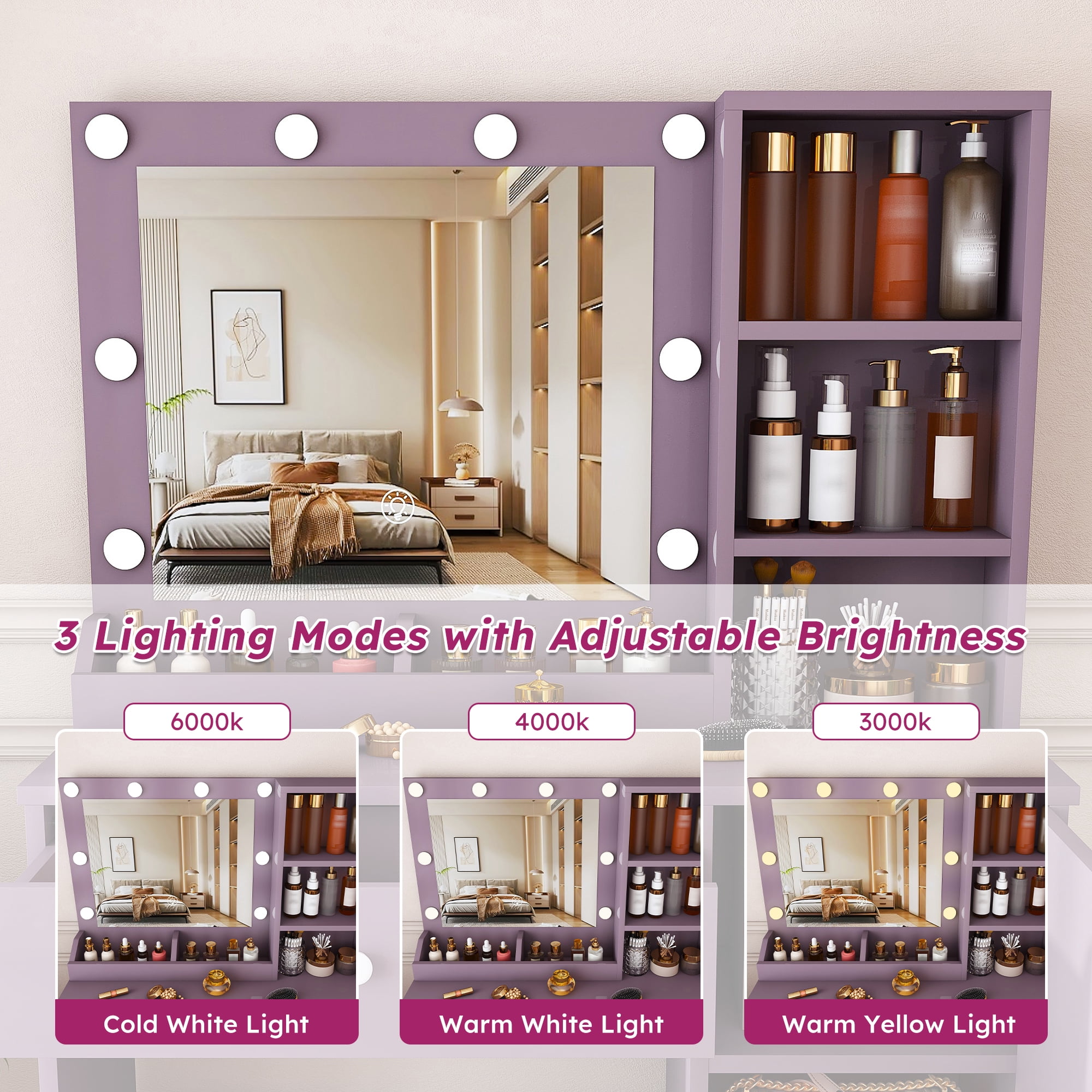 Vanity Desk Set with Padded Stool & Adjustable Lighted Mirror (Round Bulbs, 3 Color Modes), Modern Bedroom Makeup Vanity Desk Combo, Purple