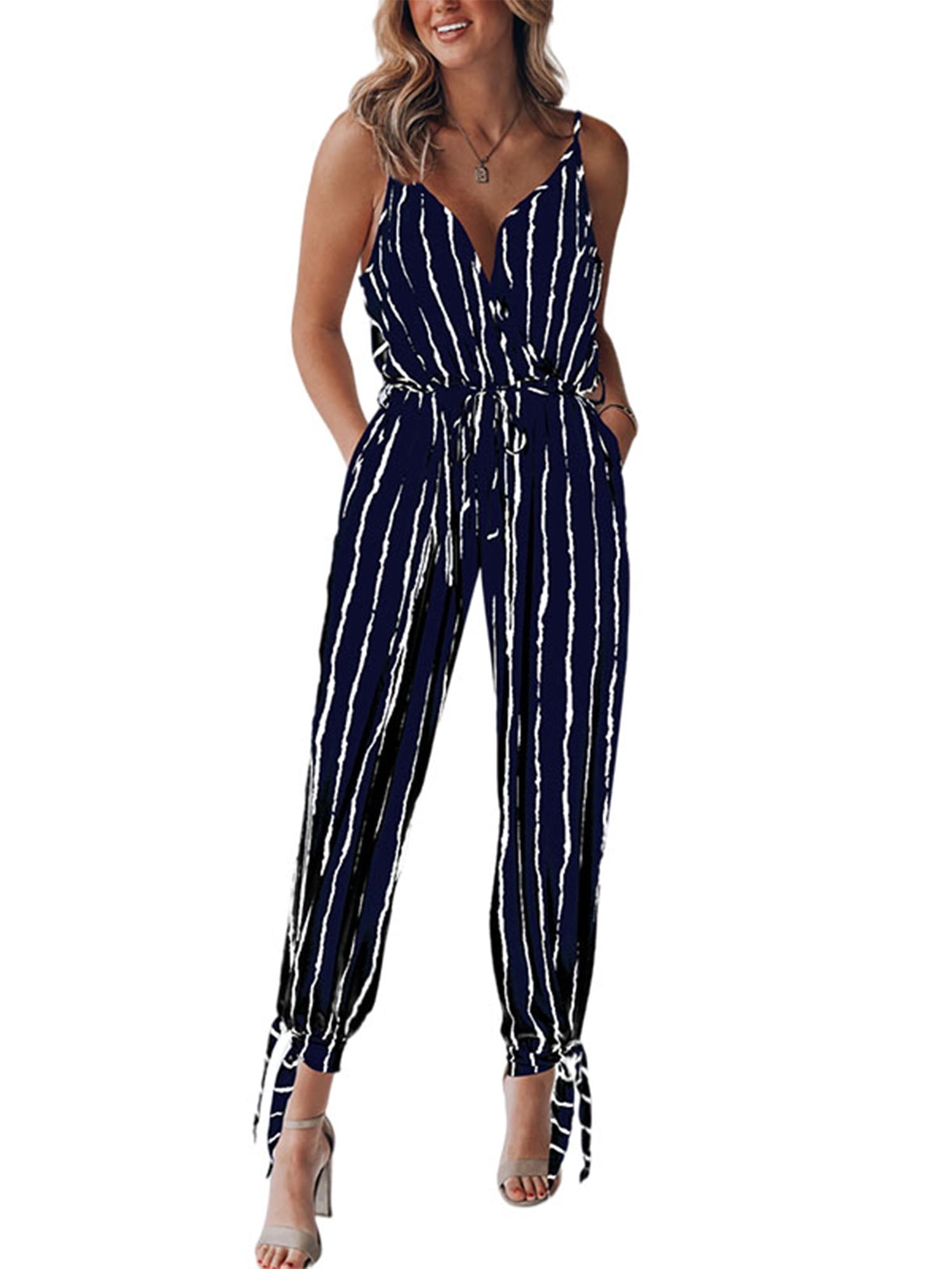 Long Pants Striped Jumpsuit Romper Deep 