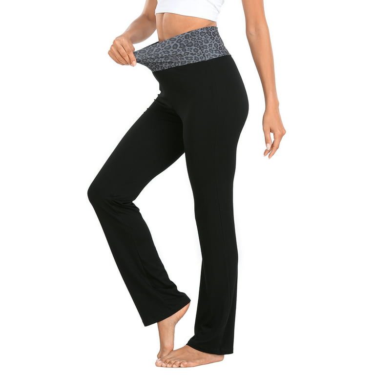 HDE Women's Color Block Fold Over Waist Yoga Pants Flare Leg Workout  Leggings Black Leopard / Black XL