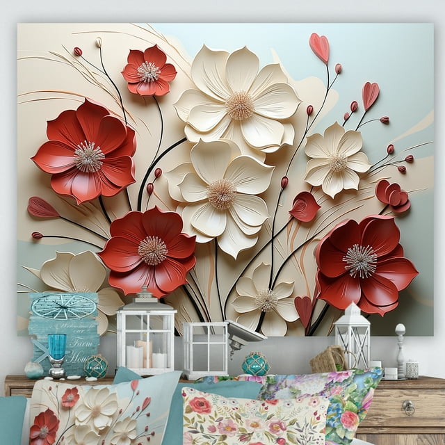 Designart Décoration Murale d'art Floral, art Mural Floral, Double Étreinte de Fleurs Cramoisies Rouges et Blanches, Grande Toile Murale, 20x12 Pouces