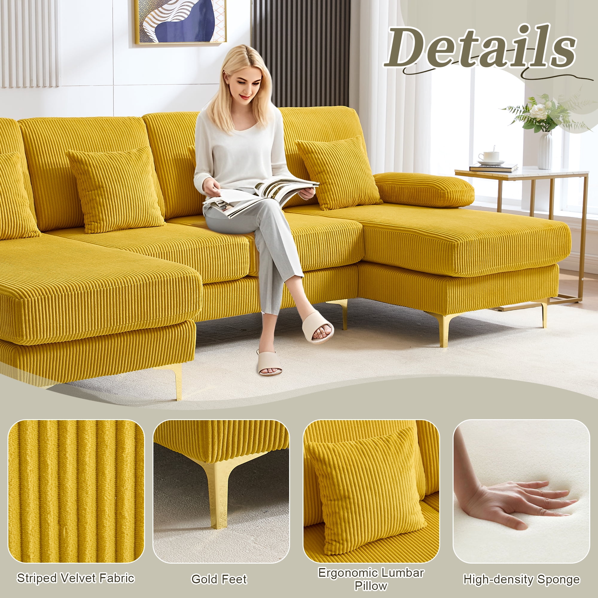 MOONMISS Corduroy Upholstered U-shaped Adjustable Light Modular Sectional Sofa With Type-C and USB ports-Yellow