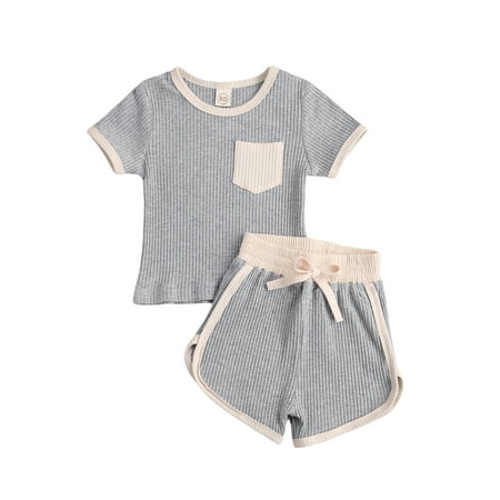 

IZhansean Summer Lovely Infant Kids Girls Boys Clothes Knit Solid Short Sleeve Pocket Tops Shorts 2pcs Sets Grey 3-4 Years
