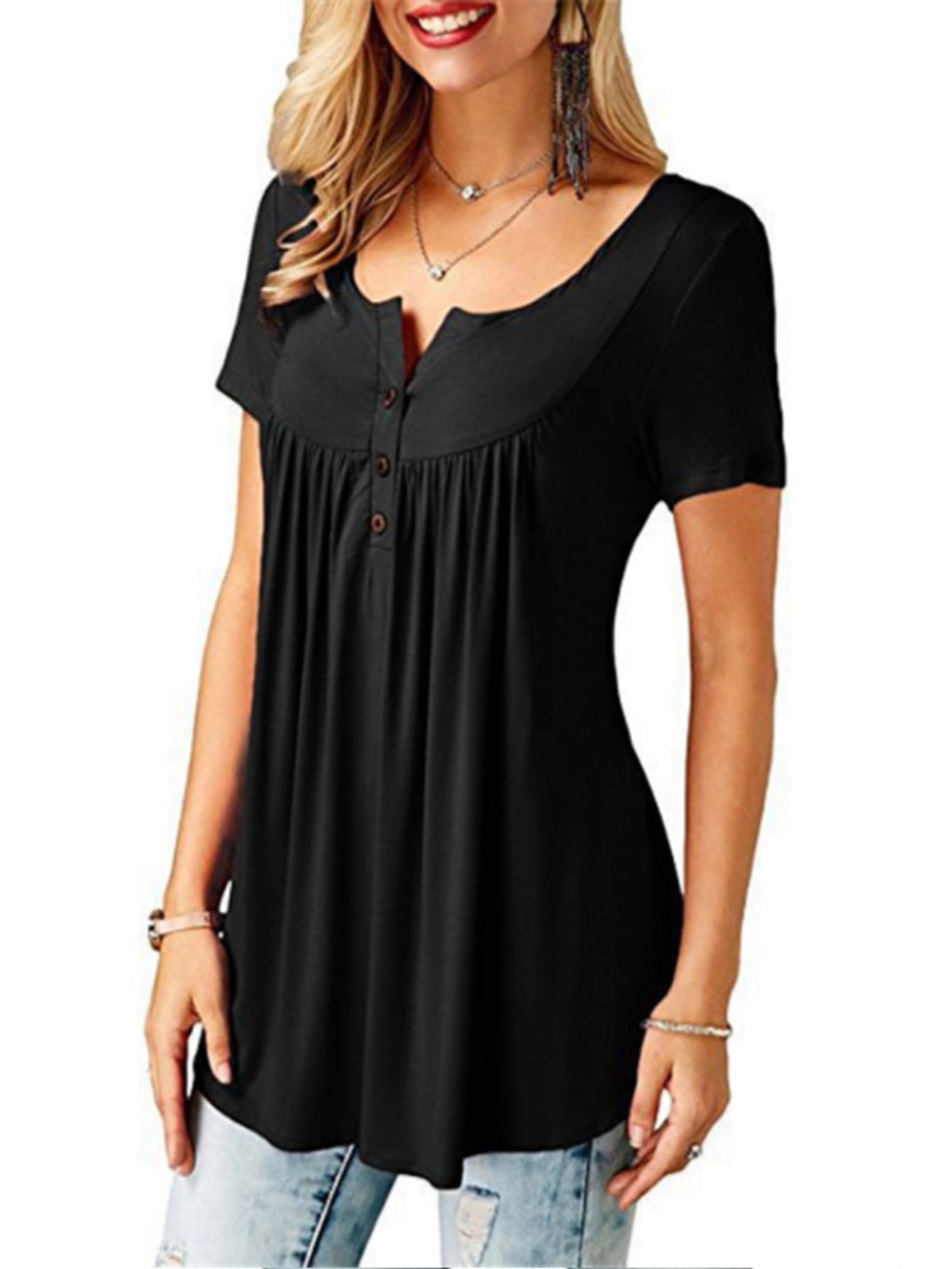 Women Summer Casual V Neck Pleated Tunic Tops Blouse Ruffle Loose ...