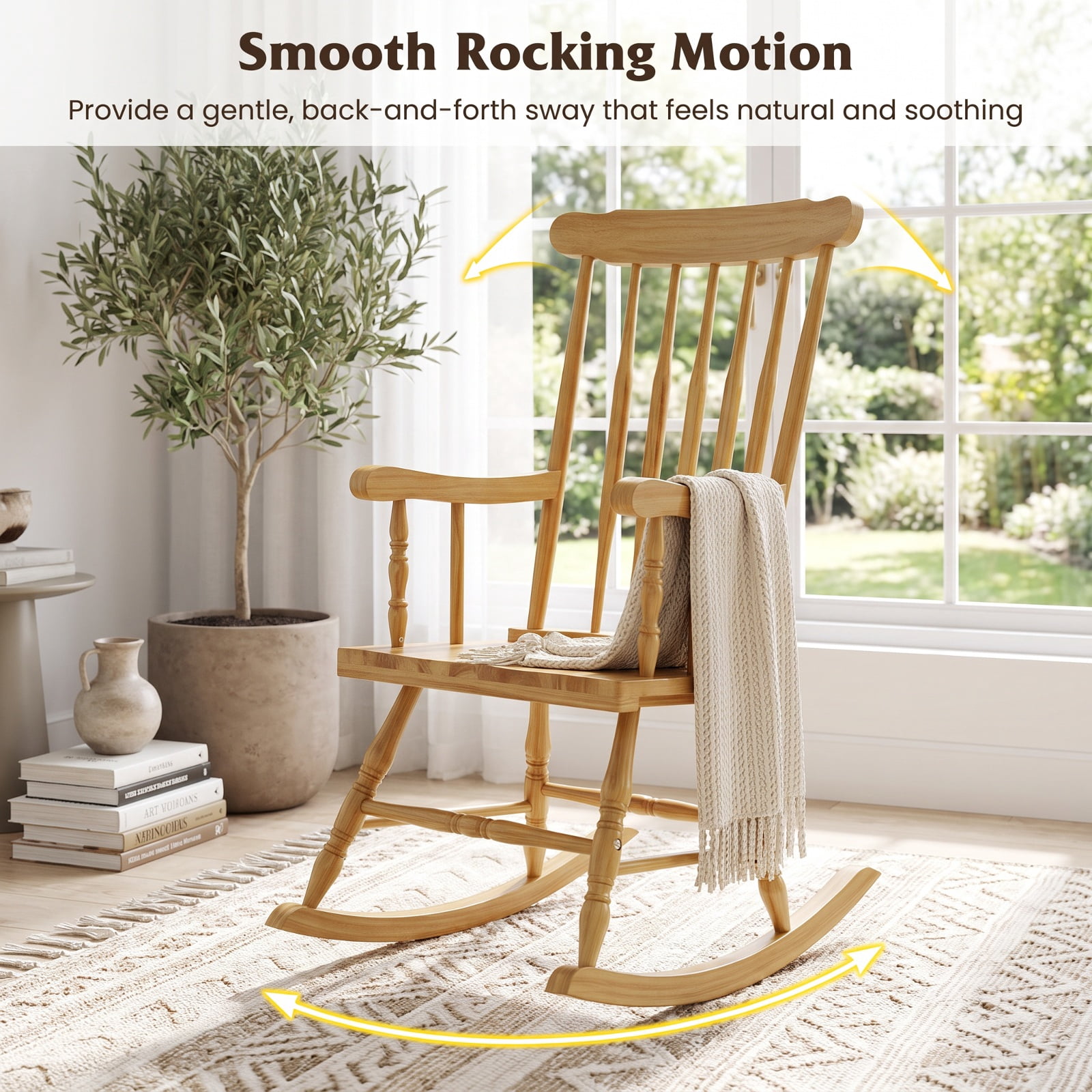 Furnibear Outdoor Rocking Chair Solid Rubber Wood for Outdoor Garden Balcony Natural 300 lbs Capacity
