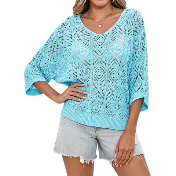 Womens Summer 3/4 Sleeve Off Shoulder Crochet Cover Up Top Sweater Shirts Mesh Boho Beach Swimsuit Coverup