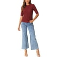 thumbnail image 2 of INSPIRE CHIC Crew Neck Top for Women's Ruched Half Sleeve Basic Casual Blouse Tops M Dark Red, 2 of 6