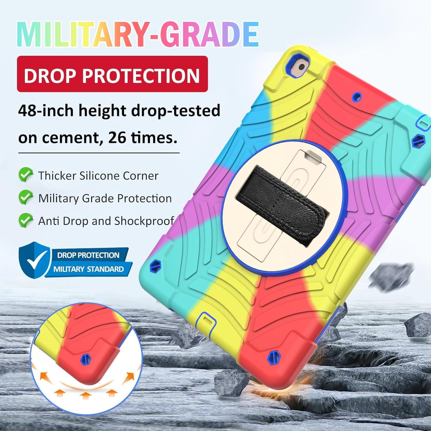 BMOUO iPad 9th Generation Case, iPad 8th/7th Generation Case, iPad 10.2 Case,Hybrid Shockproof [360 Rotating Stand] [Hand Strap] [Pencil Holder] Kids Case for iPad 10.2" 2021/2020/2019 - Colorful