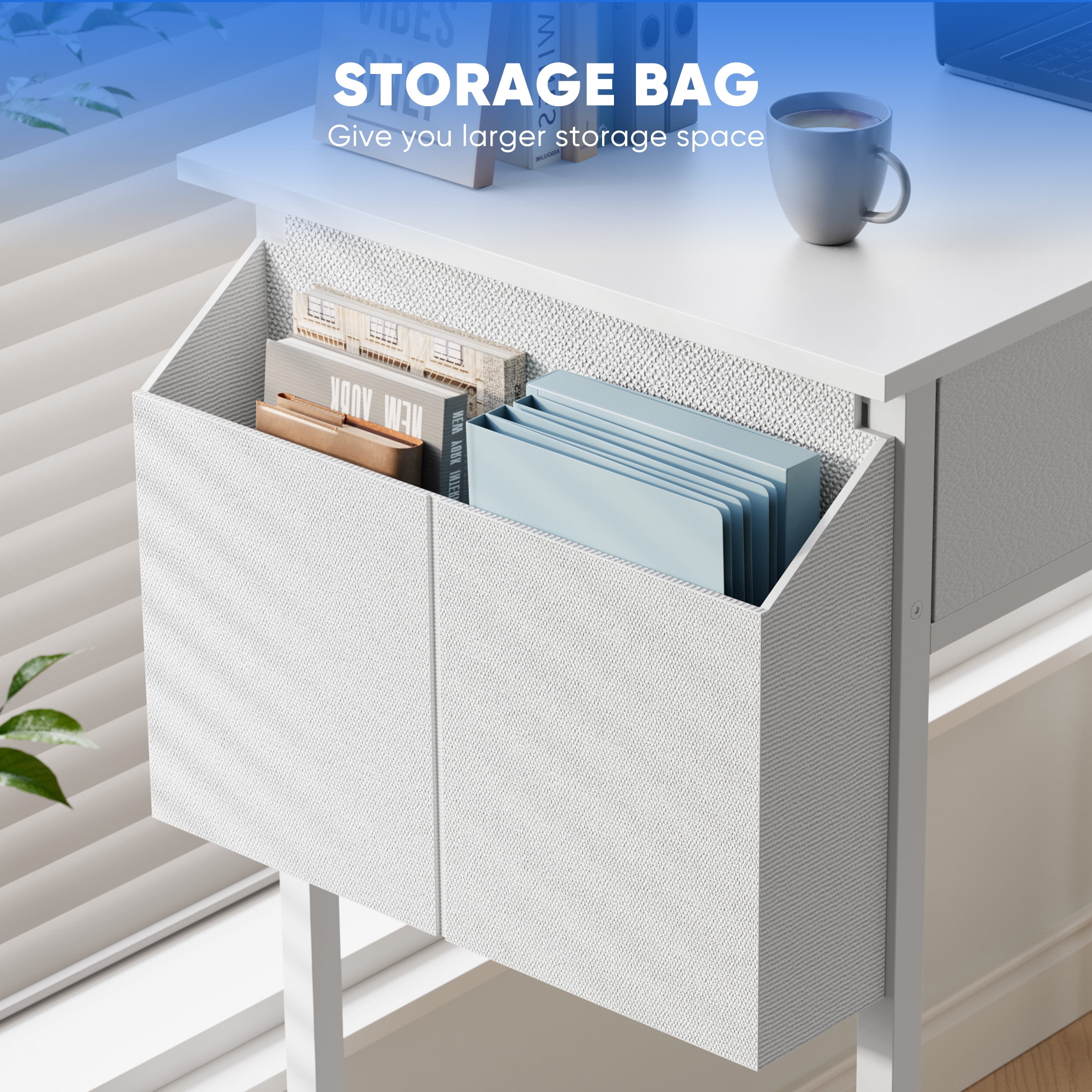 JIOABL Small Desk with 2 Drawers 32 Inch Bedroom Kids Student Vanity Home Office Computer PC Table with Fabric Storage Bag, Study Writing Wood Deskboard for Small Spaces,White