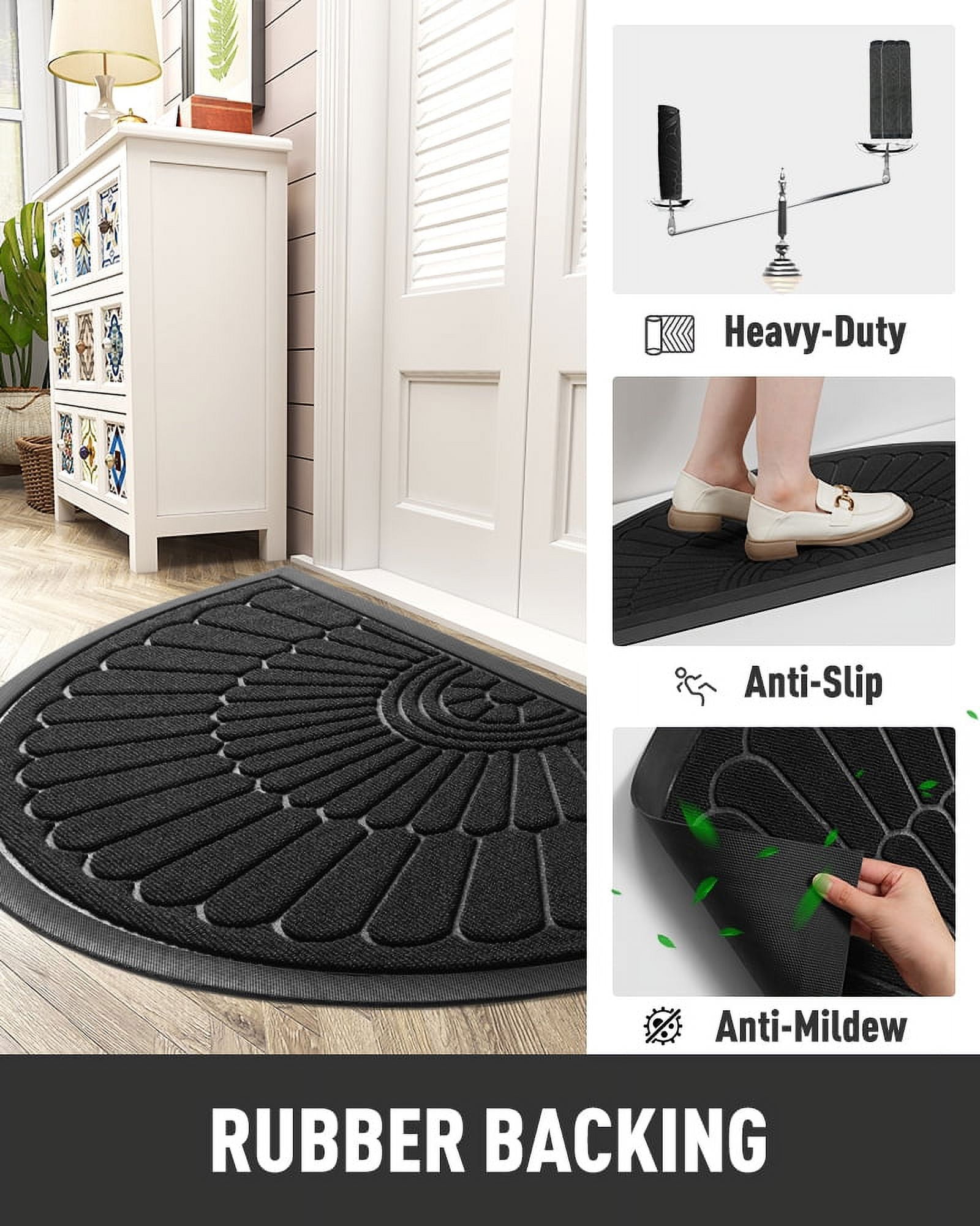 VUNATE Door Mat Outside Indoor Doormat Non Slip Rubber Welcome Mat Outdoor Mat for Front Door Entrance Absorbent Dirt Trapper Floor Mats for Home Low Profile Entry Rug Half Round 24"x35" Black